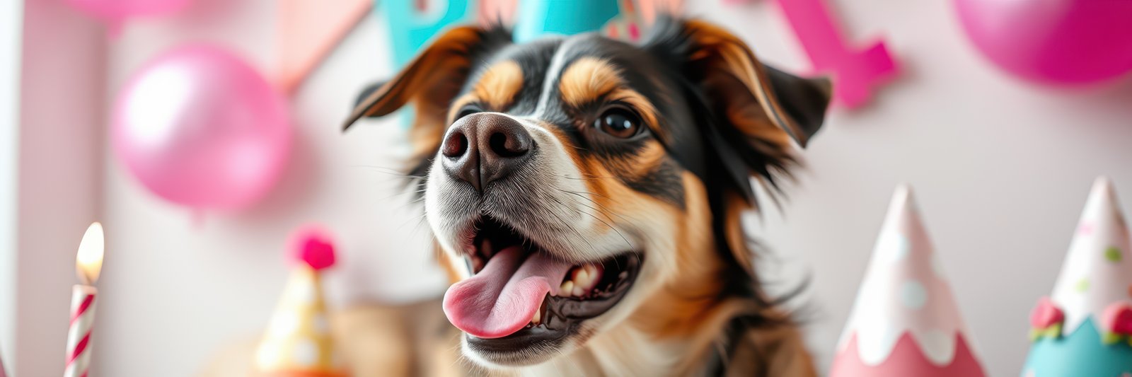 Happy dog celebrating birthday with colorful decorations and cake in a festive indoor setting